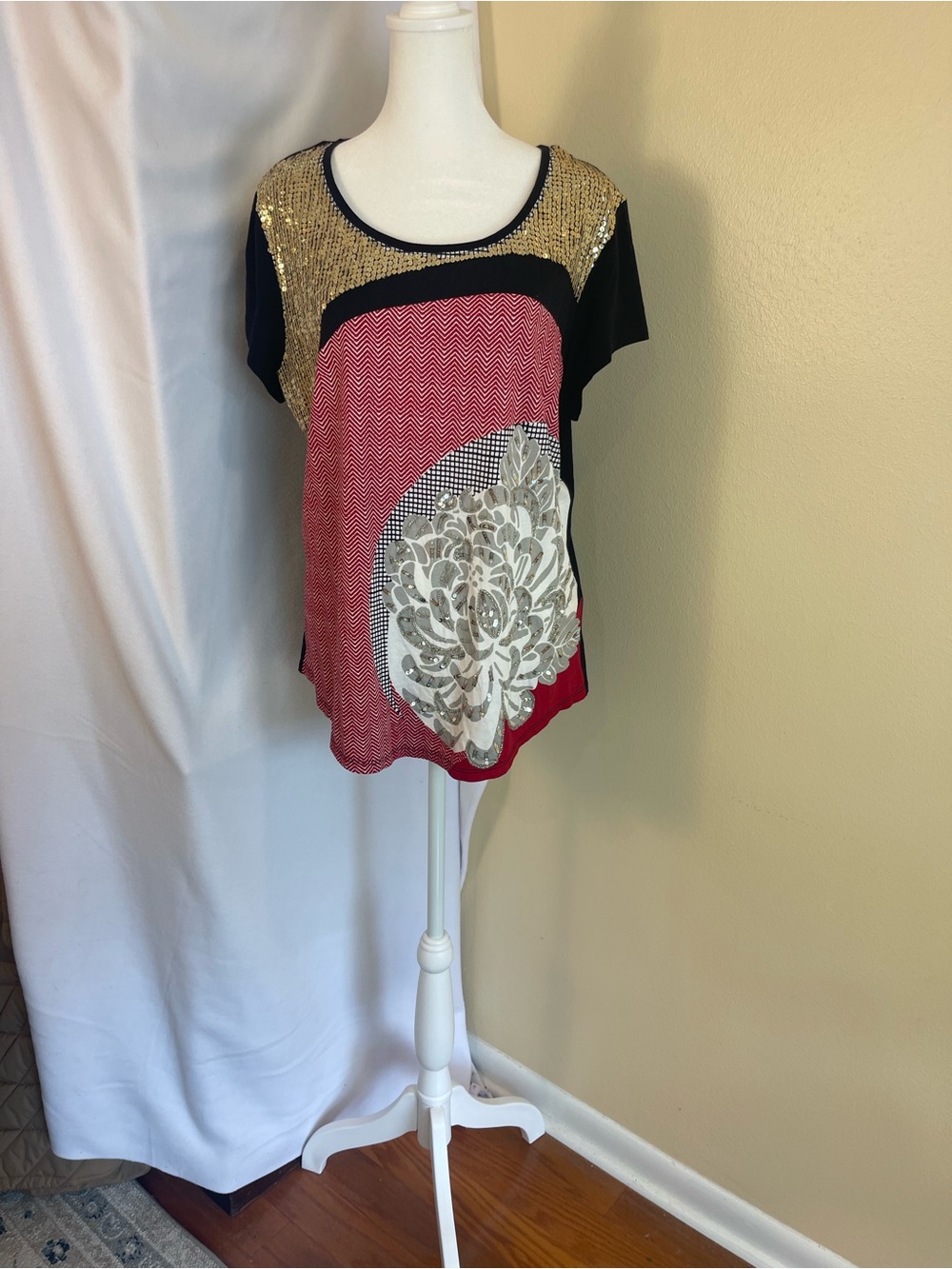 Chico’s Sequin Beaded Mixed Print Art To Wear Top Sz 2 L Cotton Blend Shirt NWT